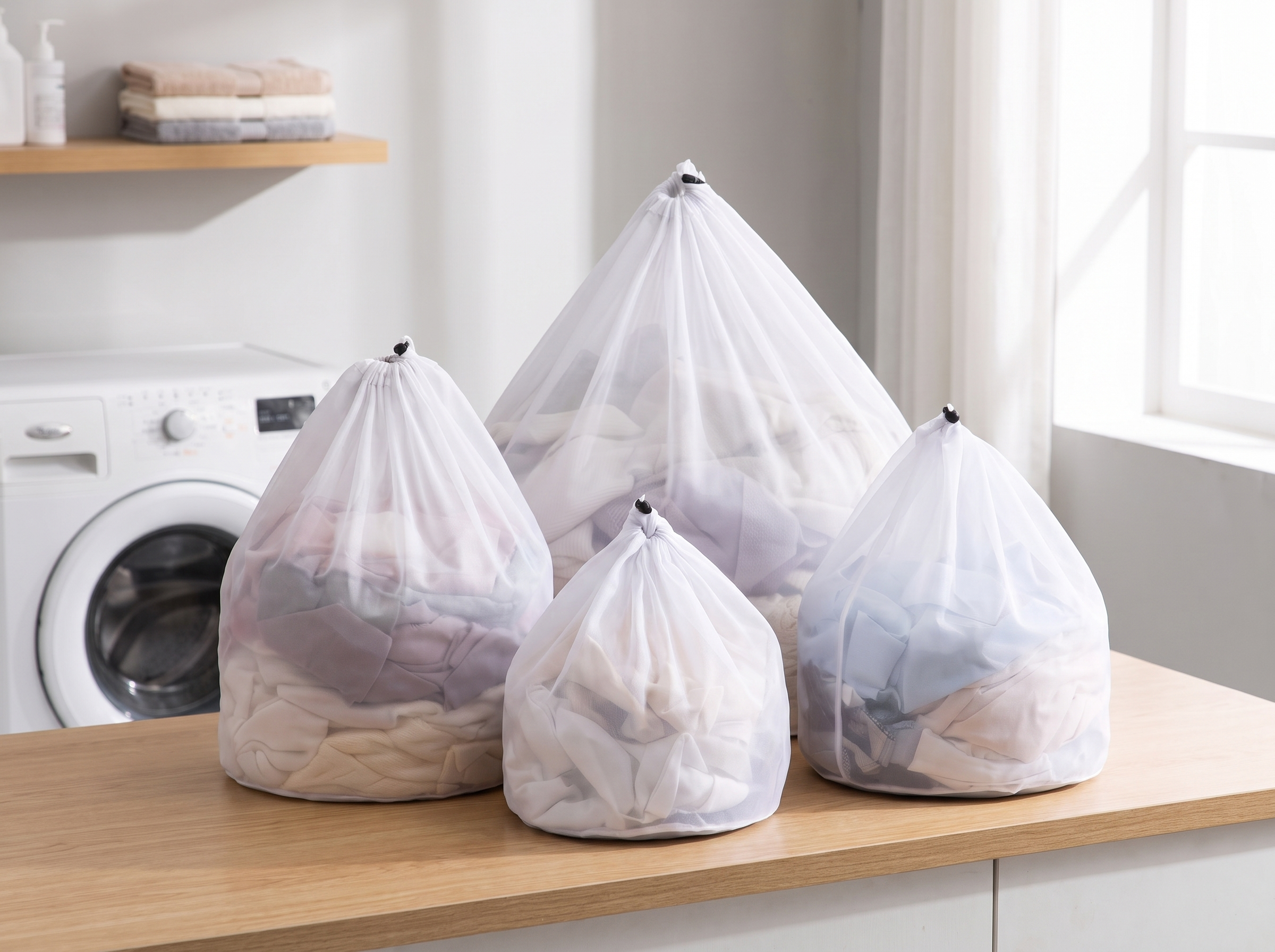 Mesh Laundry Bags with Drawstring for Delicates, Sweaters, and Everyday Laundry in a realistic home setting