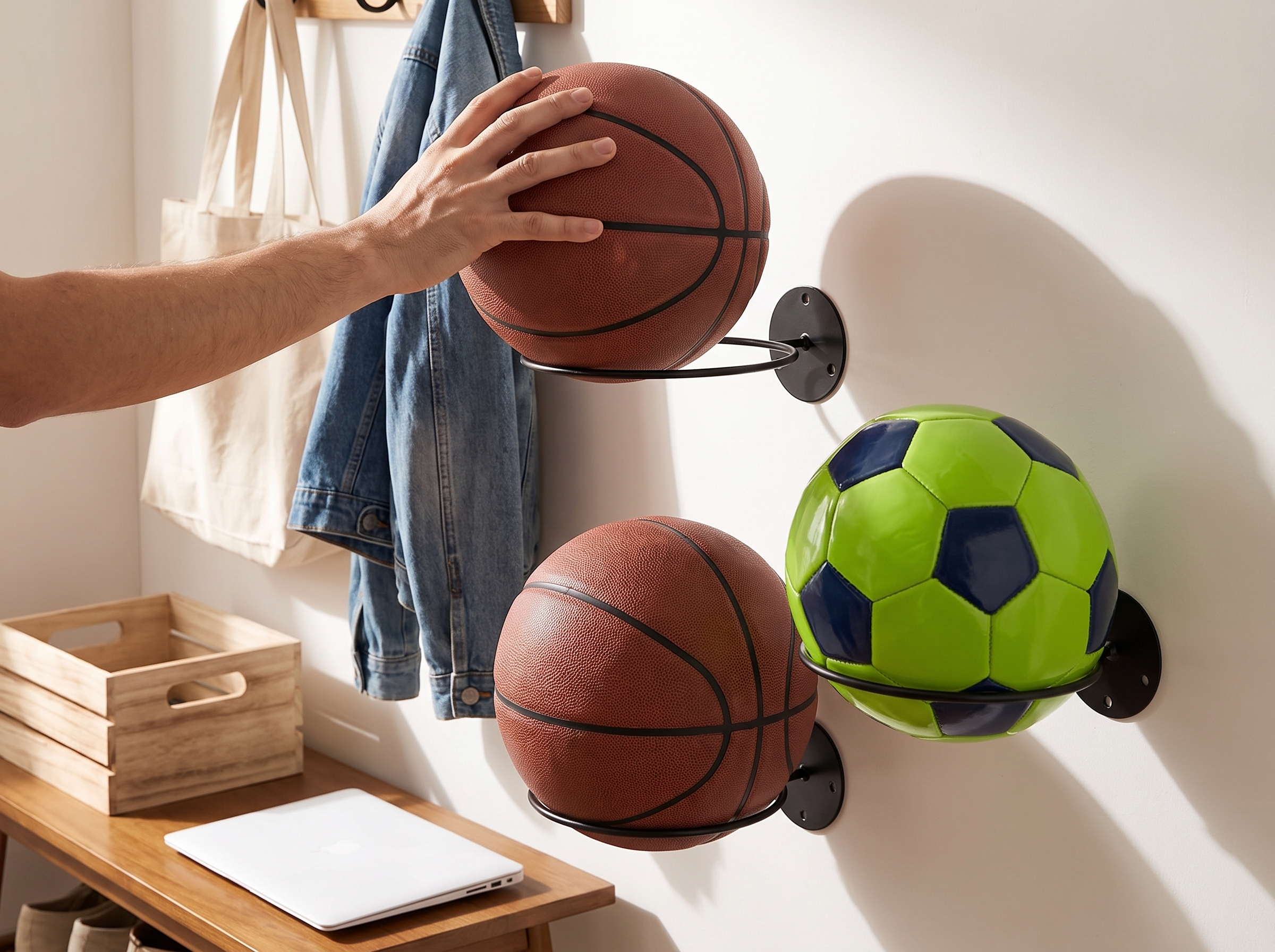 Wall-Mounted Metal Sports Ball Rack for Basketballs, Soccer Balls & More shown in natural everyday use at home