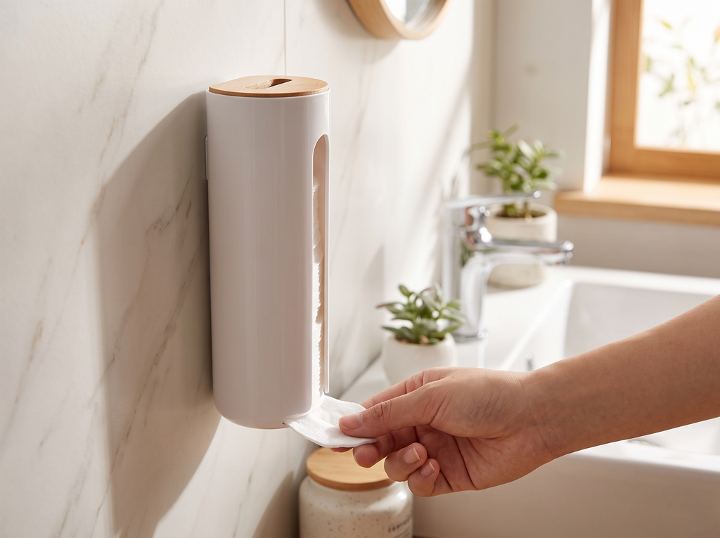 Wall-Mounted Cotton Pad Dispenser with Wood Top for Bathroom or Vanity shown in natural everyday use at home
