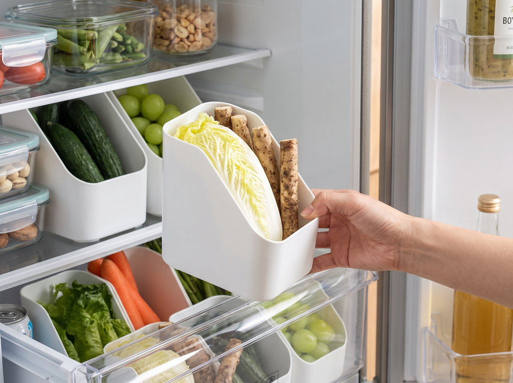Slim Fridge and Pantry Organizer Bin for Produce, Snacks, and Bottles shown in natural everyday use at home