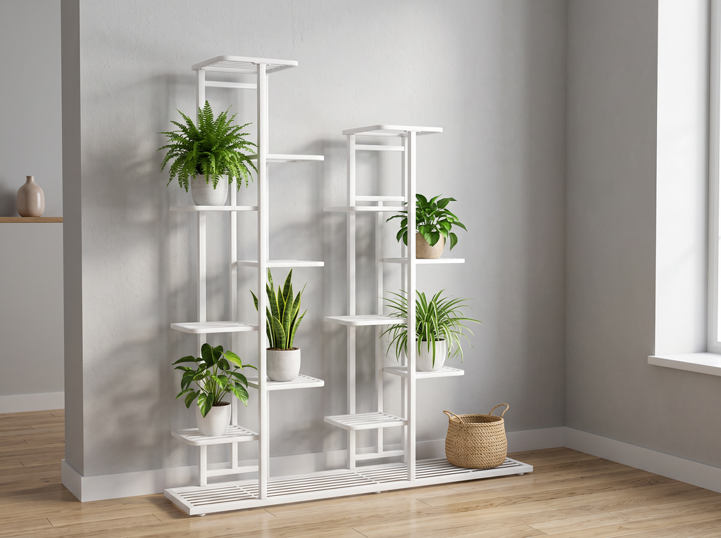 Iron Multi-Tier Plant Stand for Indoor Display and Storage, 4-6 Shelves in a realistic home setting
