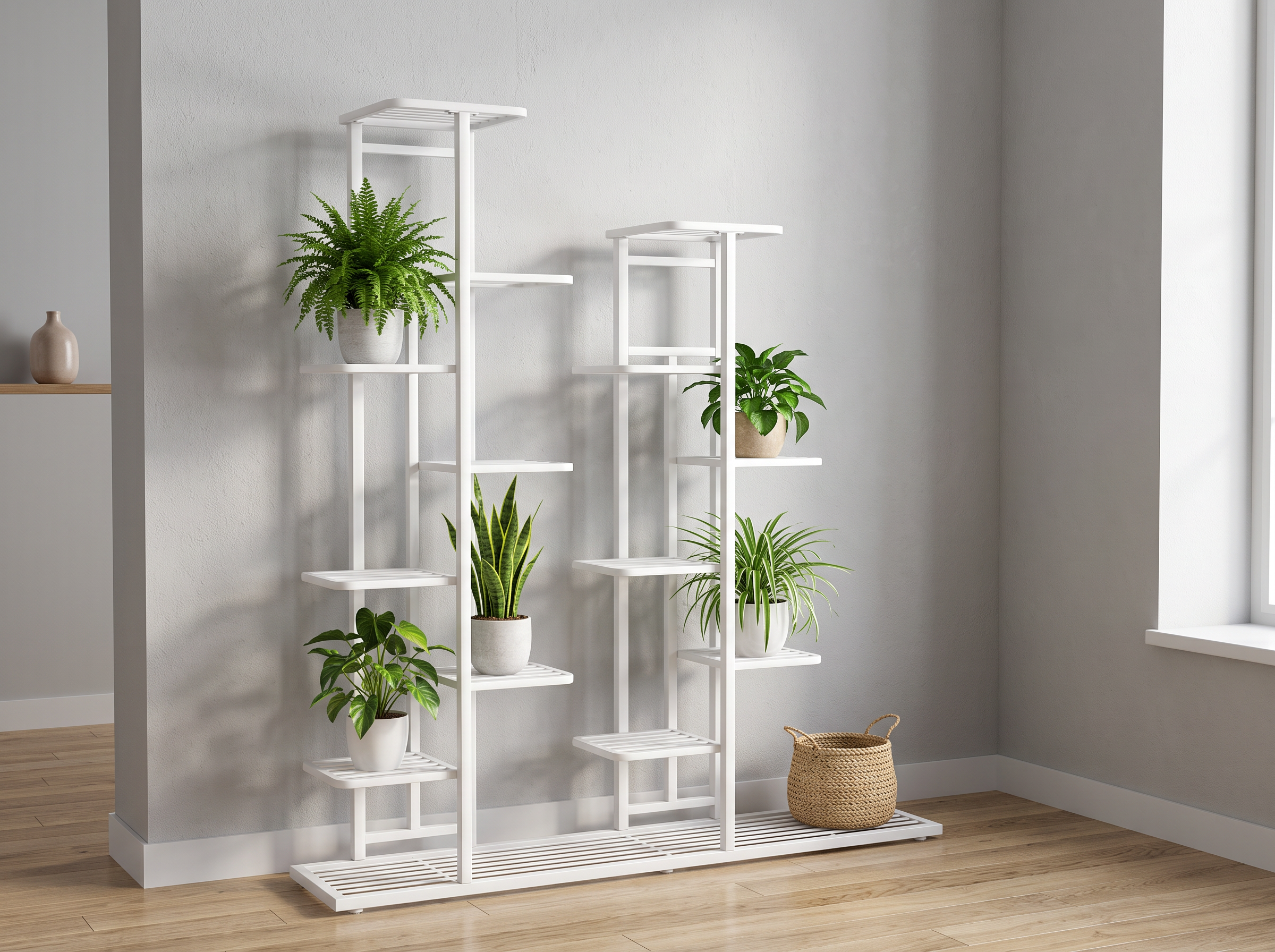 Iron Multi-Tier Plant Stand for Indoor Display and Storage, 4-6 Shelves in a realistic home setting