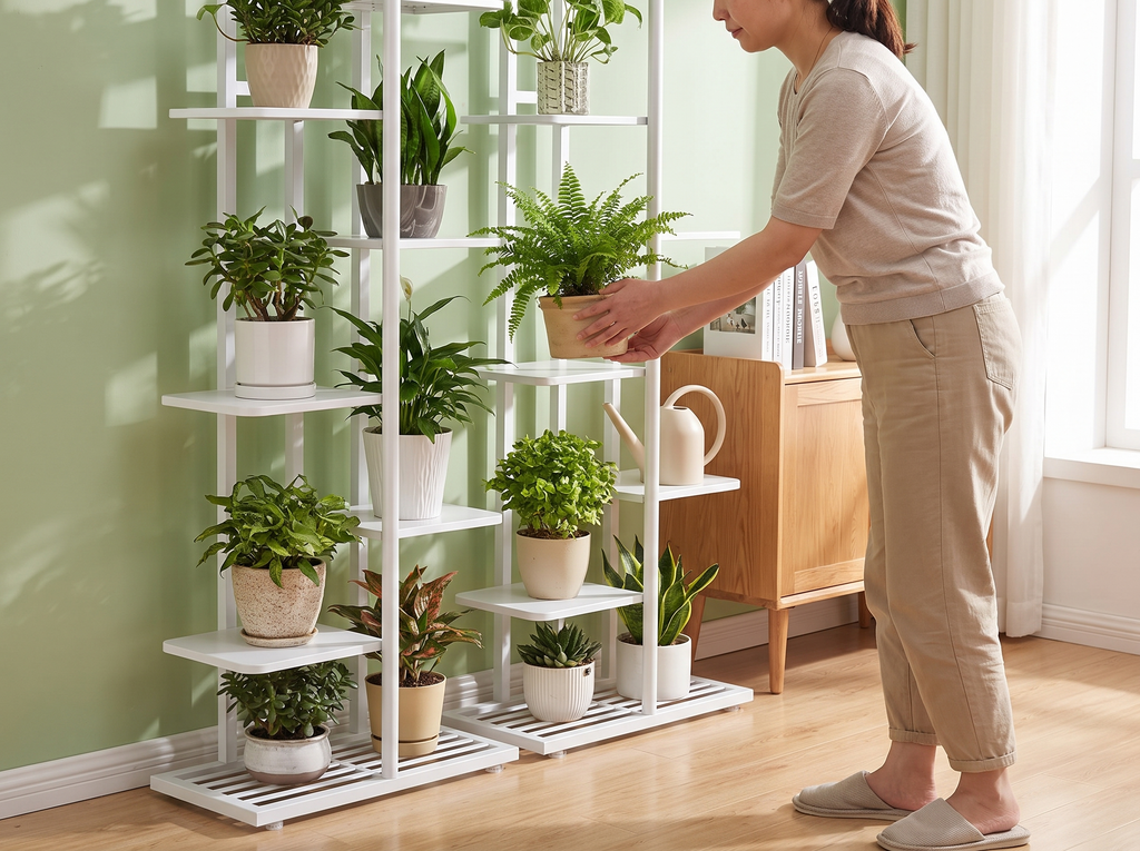 Iron Multi-Tier Plant Stand for Indoor Display and Storage, 4-6 Shelves shown in natural everyday use at home