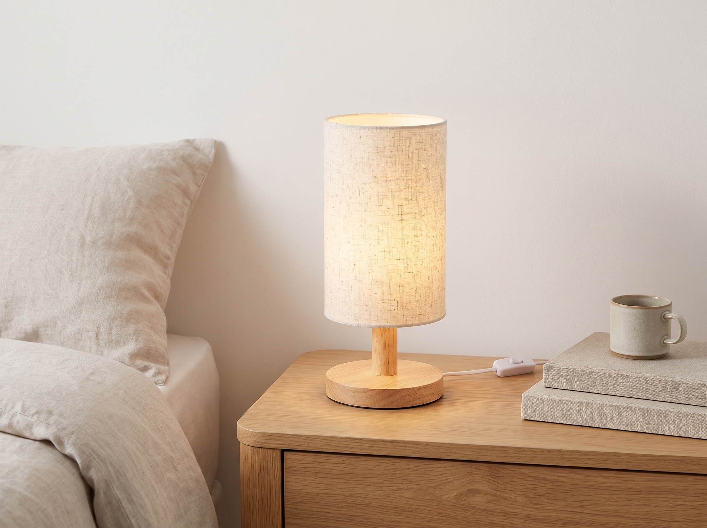 Warm Glow Wooden Bedside Lamp with Linen Shade – USB Powered Nightstand Accent in a realistic home setting
