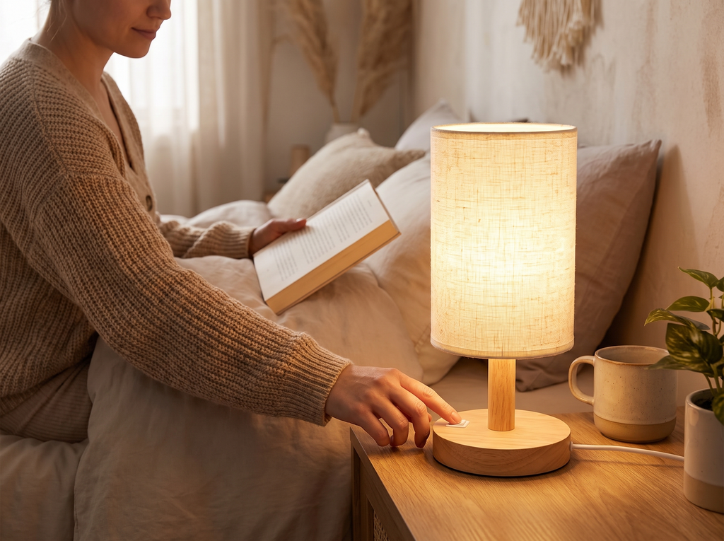 Warm Glow Wooden Bedside Lamp with Linen Shade – USB Powered Nightstand Accent shown in natural everyday use at home