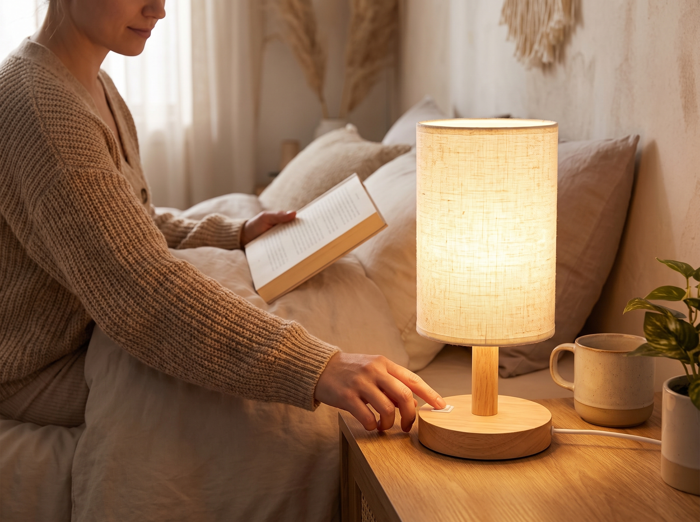 Warm Glow Wooden Bedside Lamp with Linen Shade – USB Powered Nightstand Accent shown in natural everyday use at home