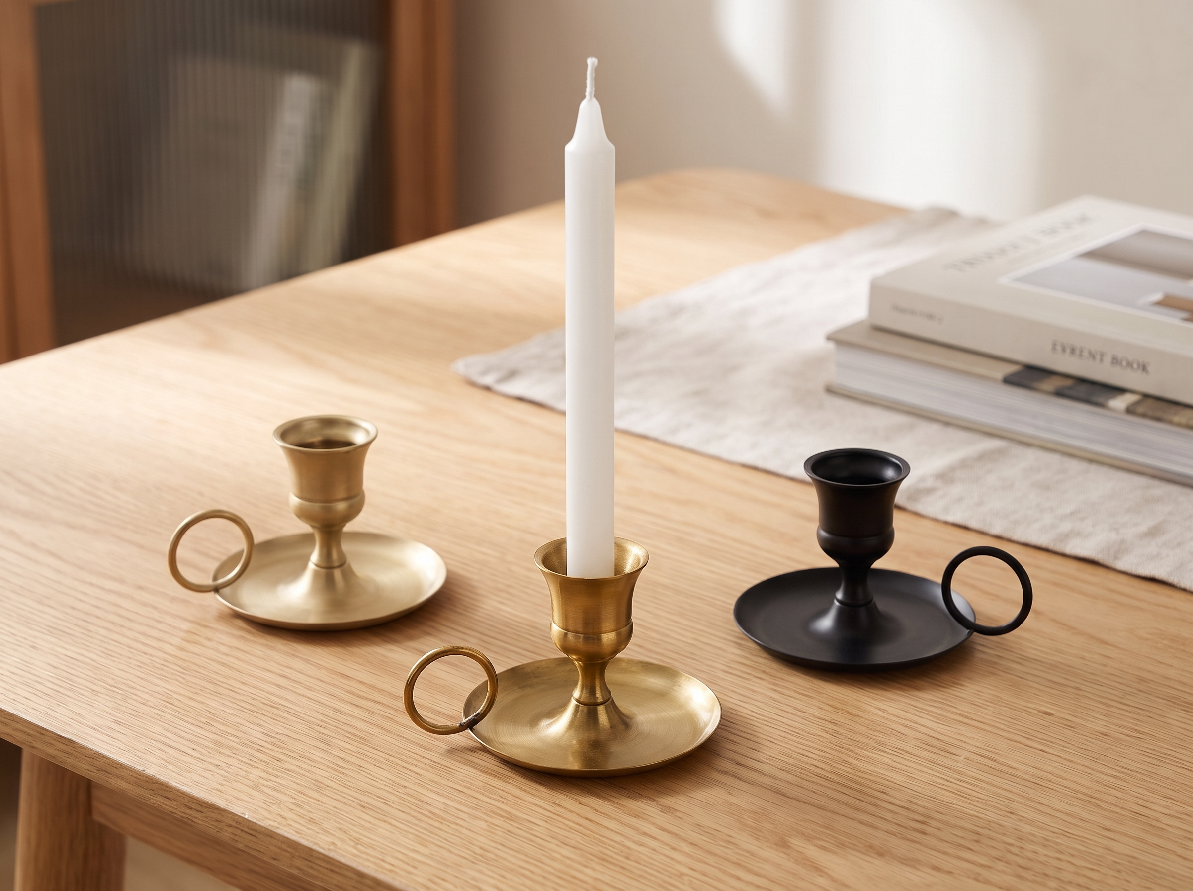 Classic Metal Chamberstick Candle Holder with Handle for Cozy Tabletop Decor in a realistic home setting