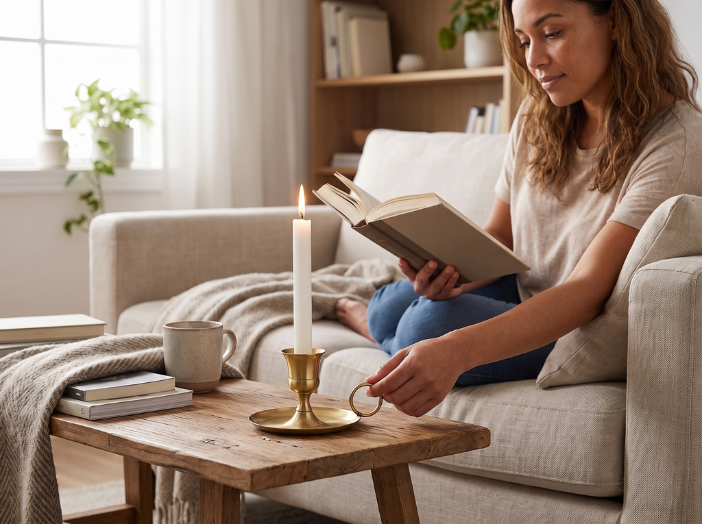 Classic Metal Chamberstick Candle Holder with Handle for Cozy Tabletop Decor shown in natural everyday use at home