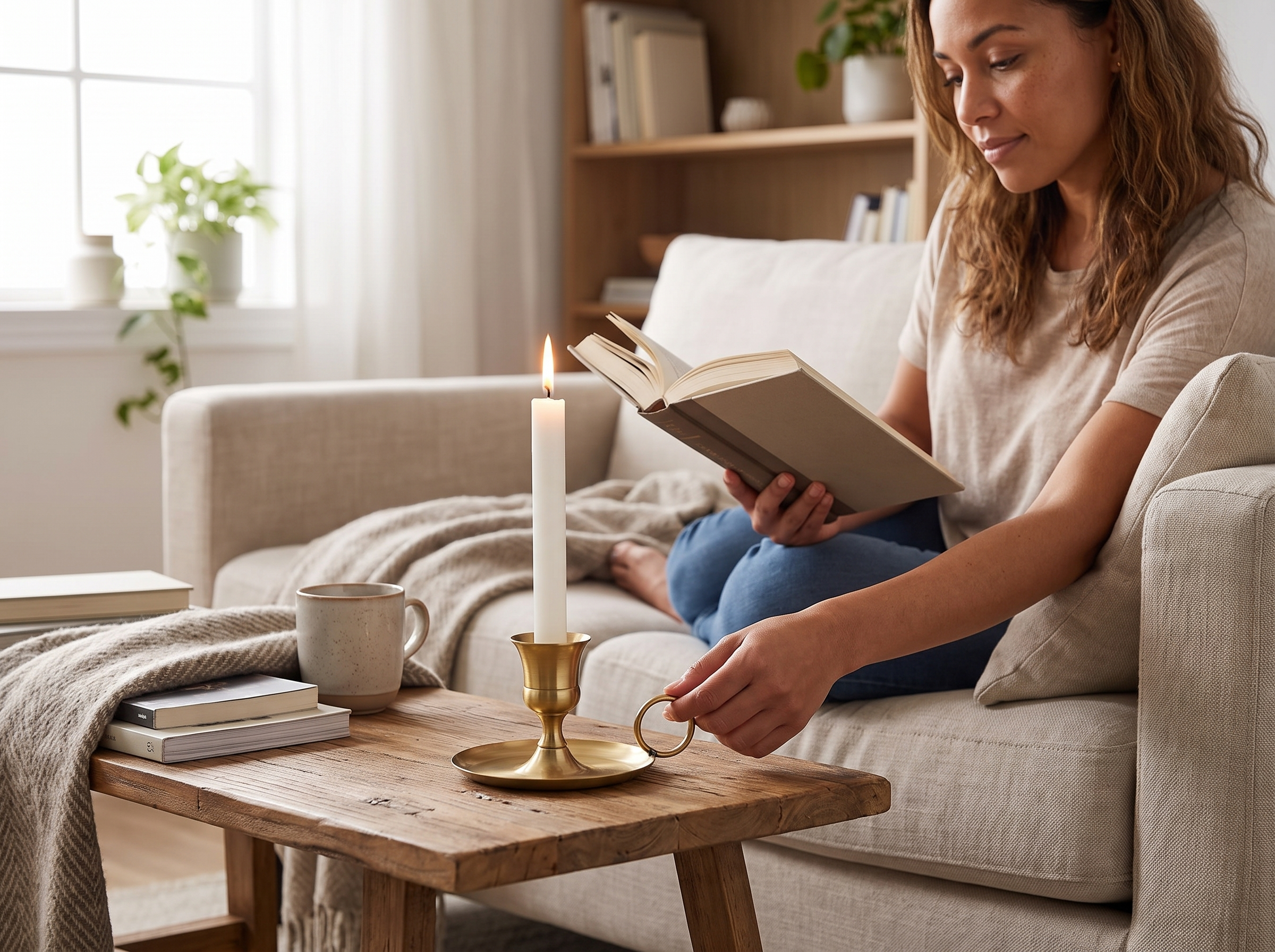 Classic Metal Chamberstick Candle Holder with Handle for Cozy Tabletop Decor shown in natural everyday use at home