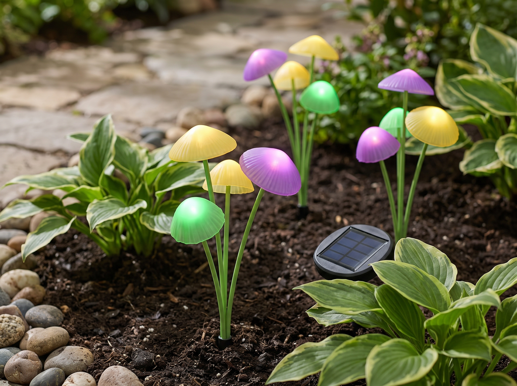 Solar Mushroom LED Garden Lights with Dual Modes for Pathways & Outdoor Ambiance in a realistic home setting