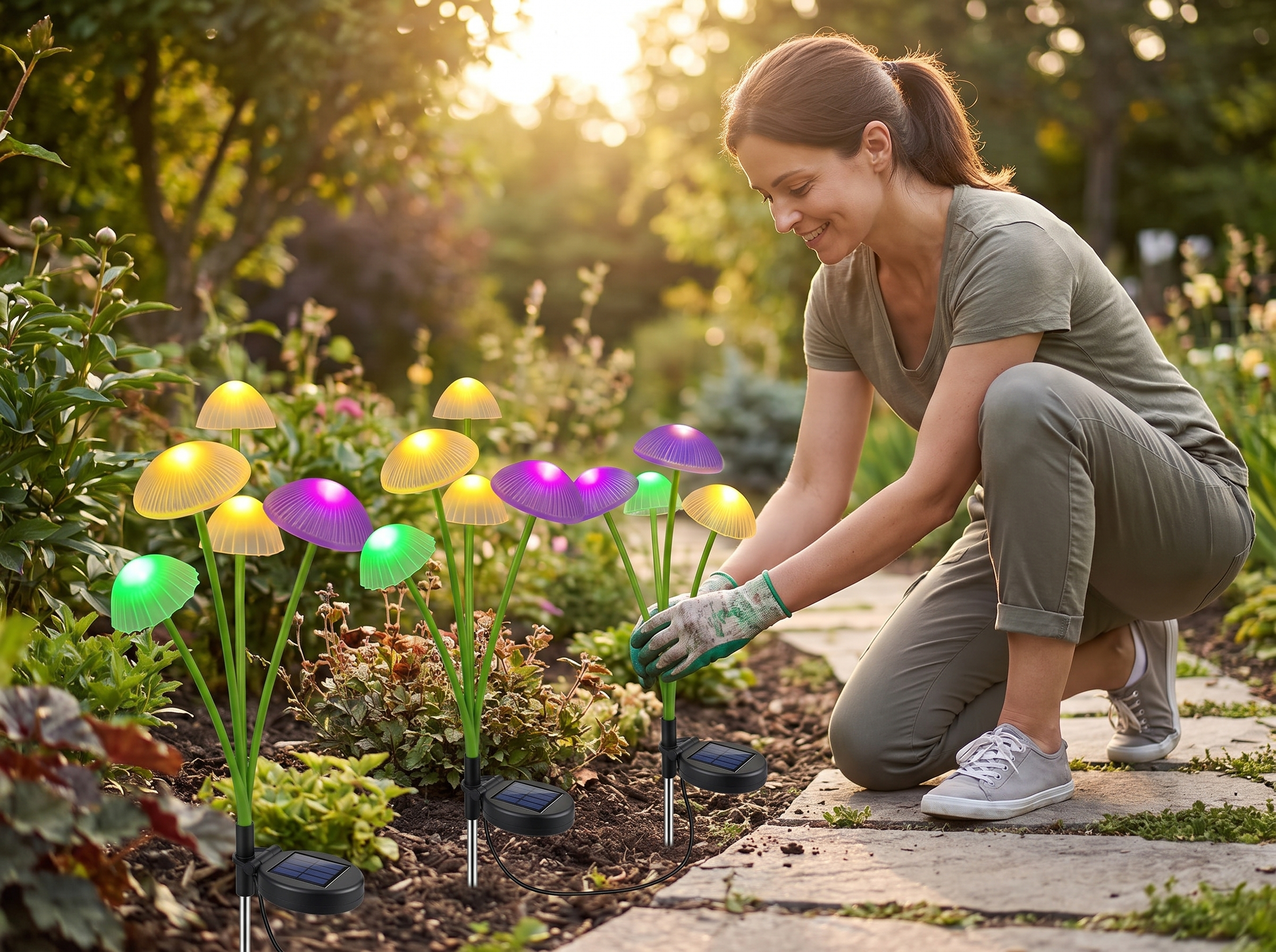 Solar Mushroom LED Garden Lights with Dual Modes for Pathways & Outdoor Ambiance shown in natural everyday use at home