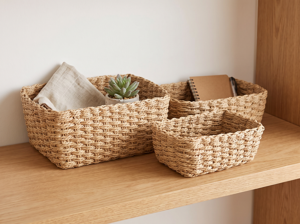 Handwoven Woven Storage Basket in Beige for Shelves, Desk, or Living Room Organization in a realistic home setting