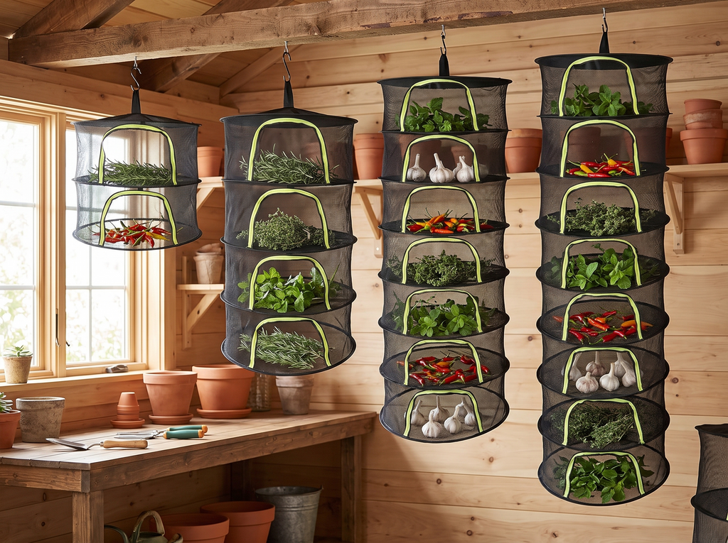 Foldable Hanging Herb and Vegetable Drying Rack with Breathable Mesh, 2-8 Tier in a realistic home setting