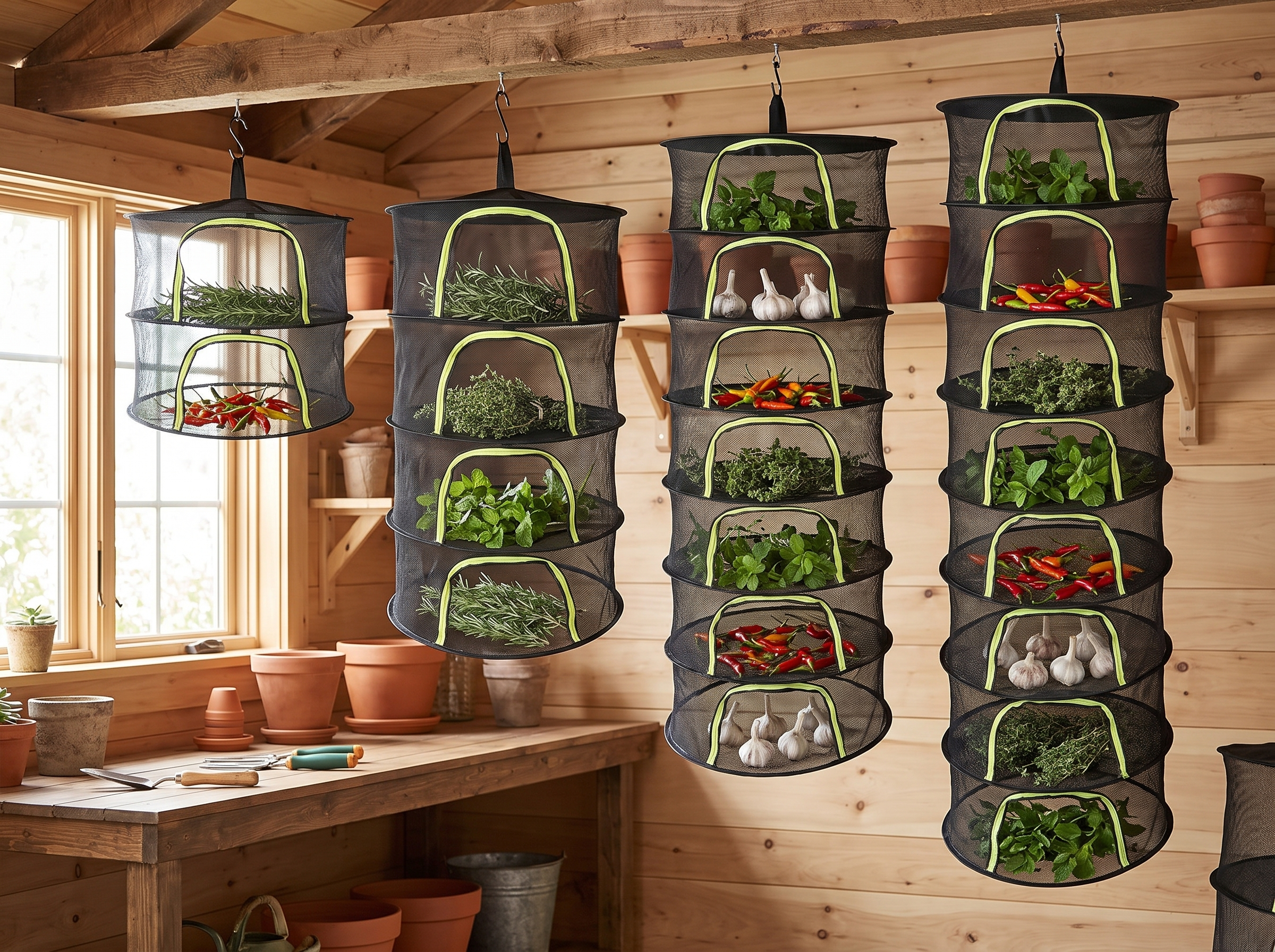 Foldable Hanging Herb and Vegetable Drying Rack with Breathable Mesh, 2-8 Tier in a realistic home setting