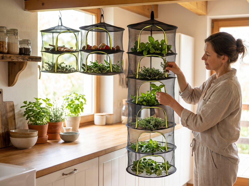 Foldable Hanging Herb and Vegetable Drying Rack with Breathable Mesh, 2-8 Tier shown in natural everyday use at home