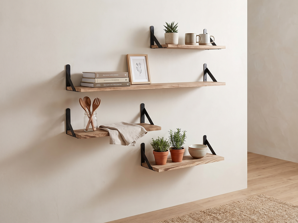 Wall-Mounted Wooden Floating Shelves with Black Brackets for Living Areas or Kitchen in a realistic home setting