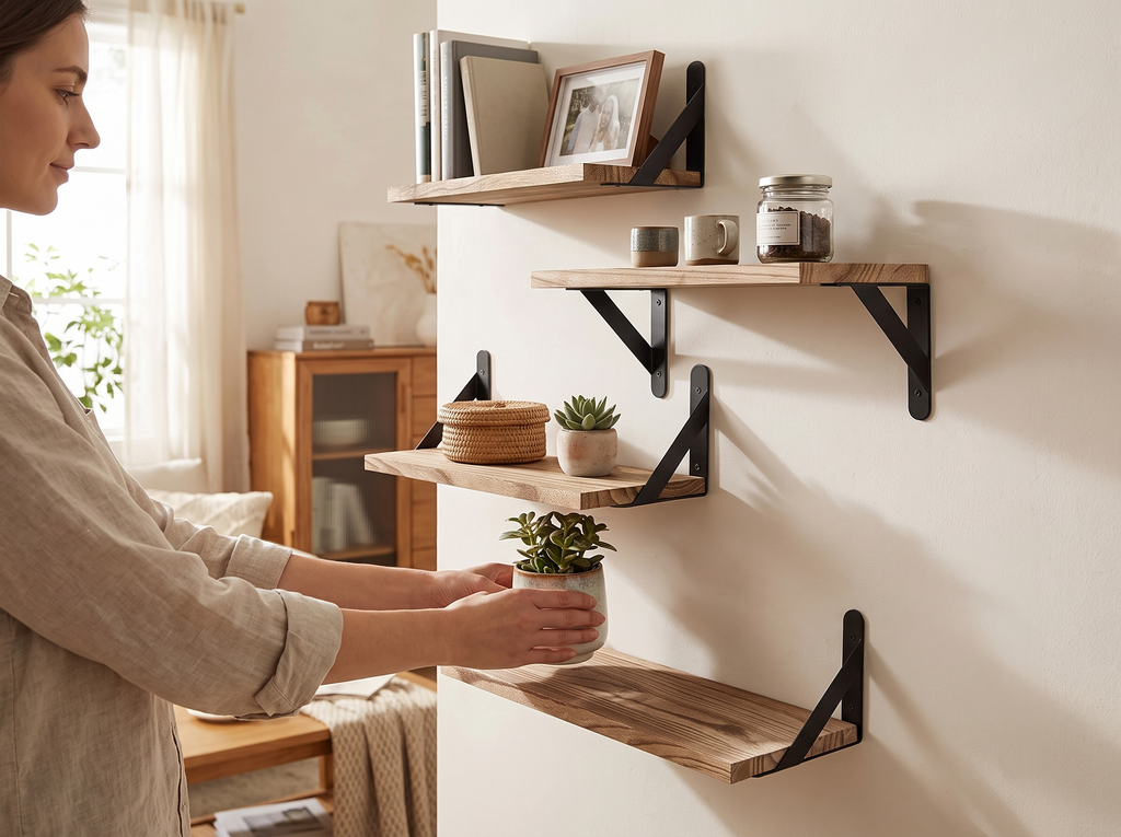 Wall-Mounted Wooden Floating Shelves with Black Brackets for Living Areas or Kitchen shown in natural everyday use at home