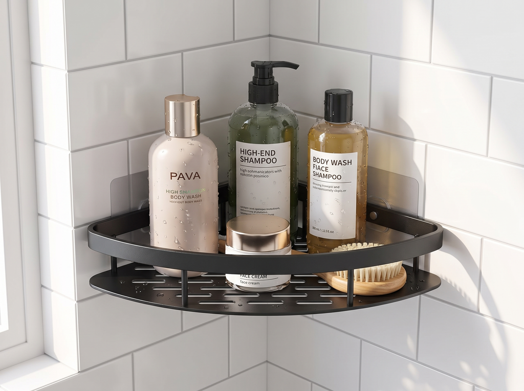 Wall-Mounted Aluminum Bathroom & Kitchen Organizer Shelf (Adhesive, No-Drill) in a realistic home setting