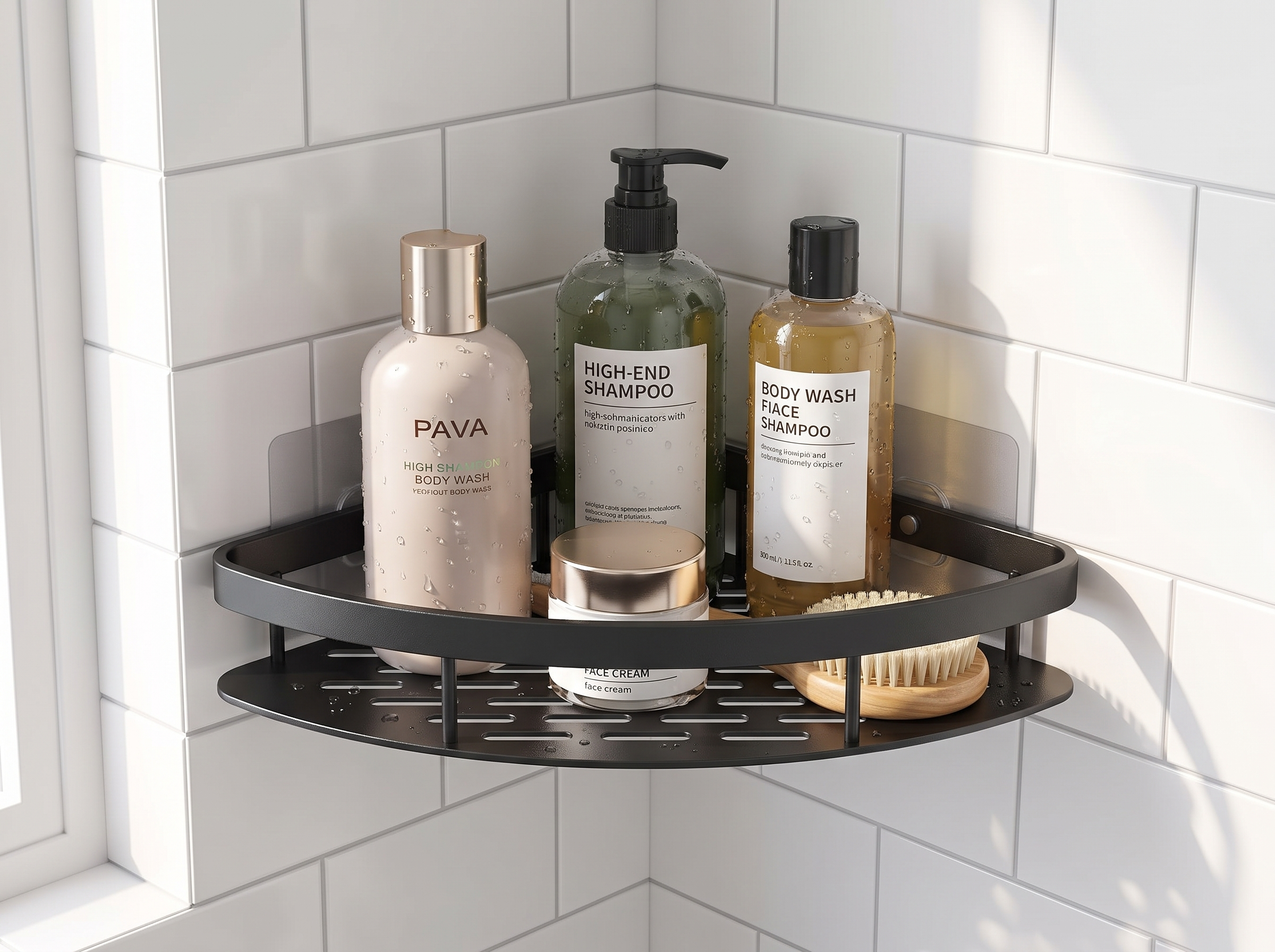 Wall-Mounted Aluminum Bathroom & Kitchen Organizer Shelf (Adhesive, No-Drill) in a realistic home setting