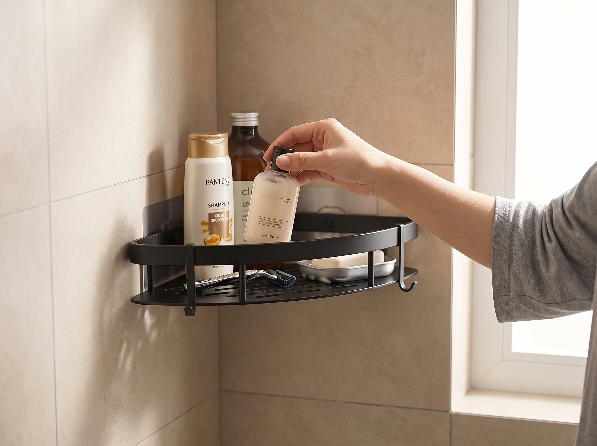 Wall-Mounted Aluminum Bathroom & Kitchen Organizer Shelf (Adhesive, No-Drill) shown in natural everyday use at home