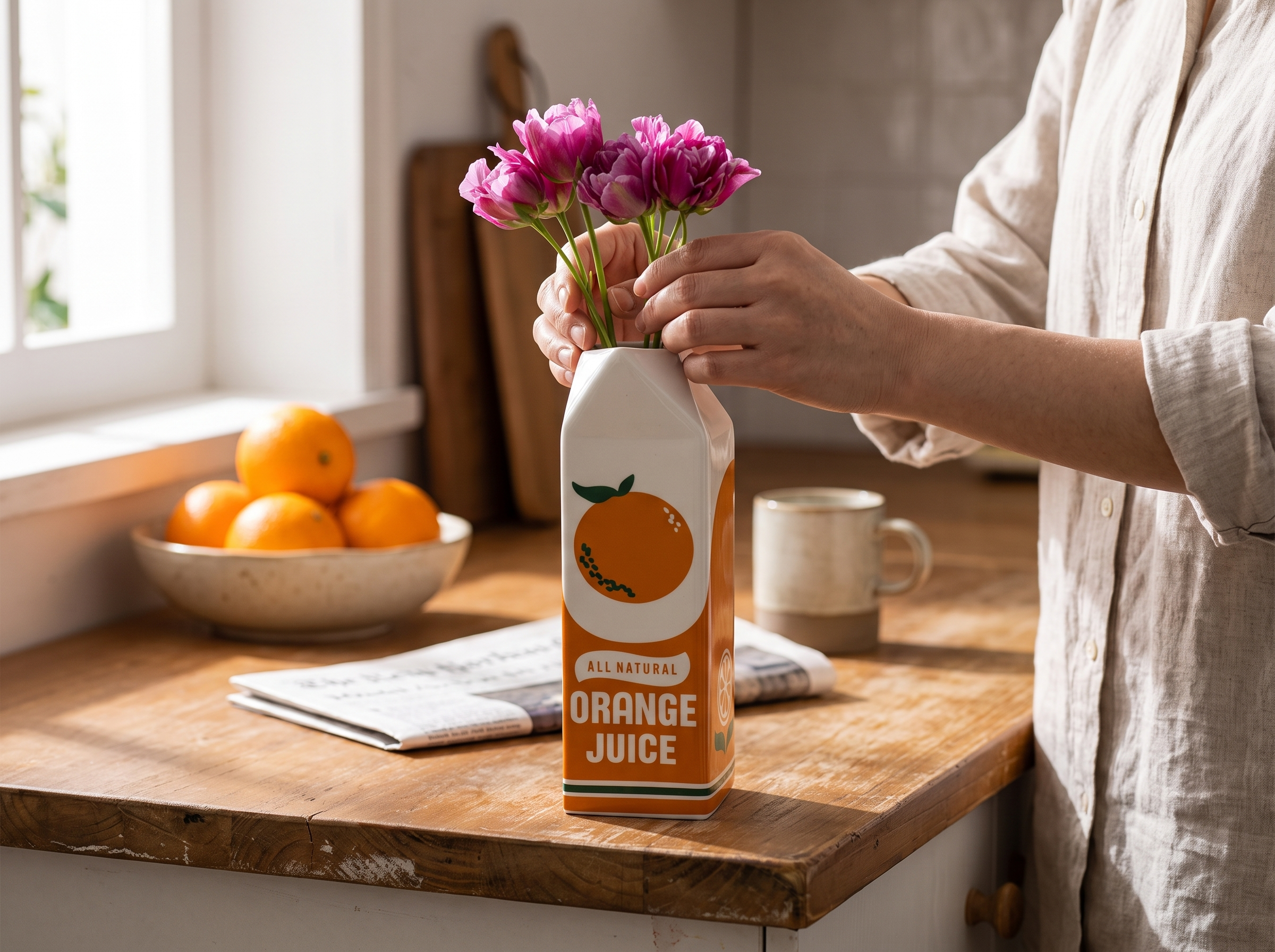 Orange Juice Carton Ceramic Vase for Playful Living Room or Kitchen Decor shown in natural everyday use at home