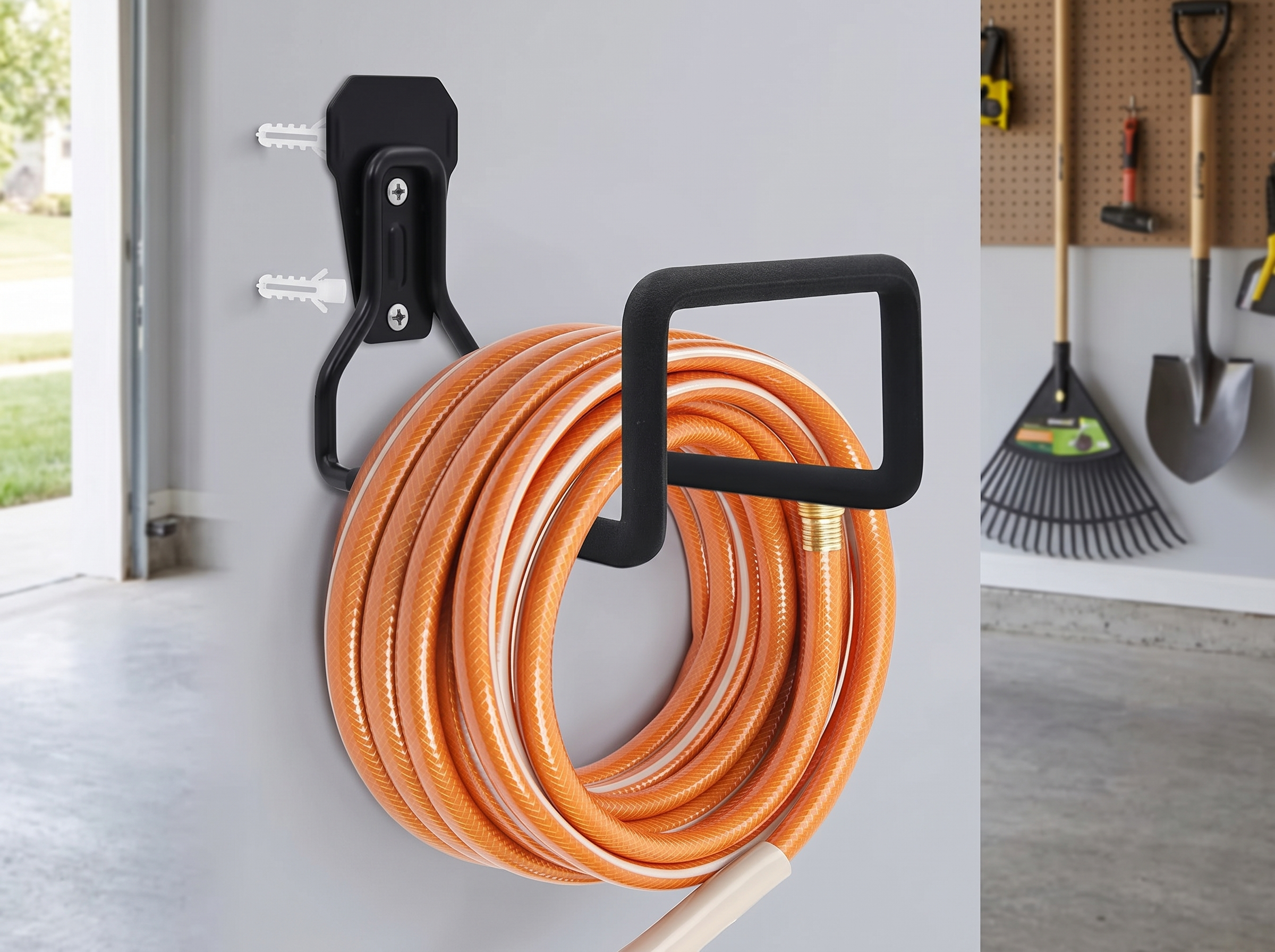 Wall-Mounted Metal Hose Holder for Garden or Garage, Easy Bolt Installation in a realistic home setting