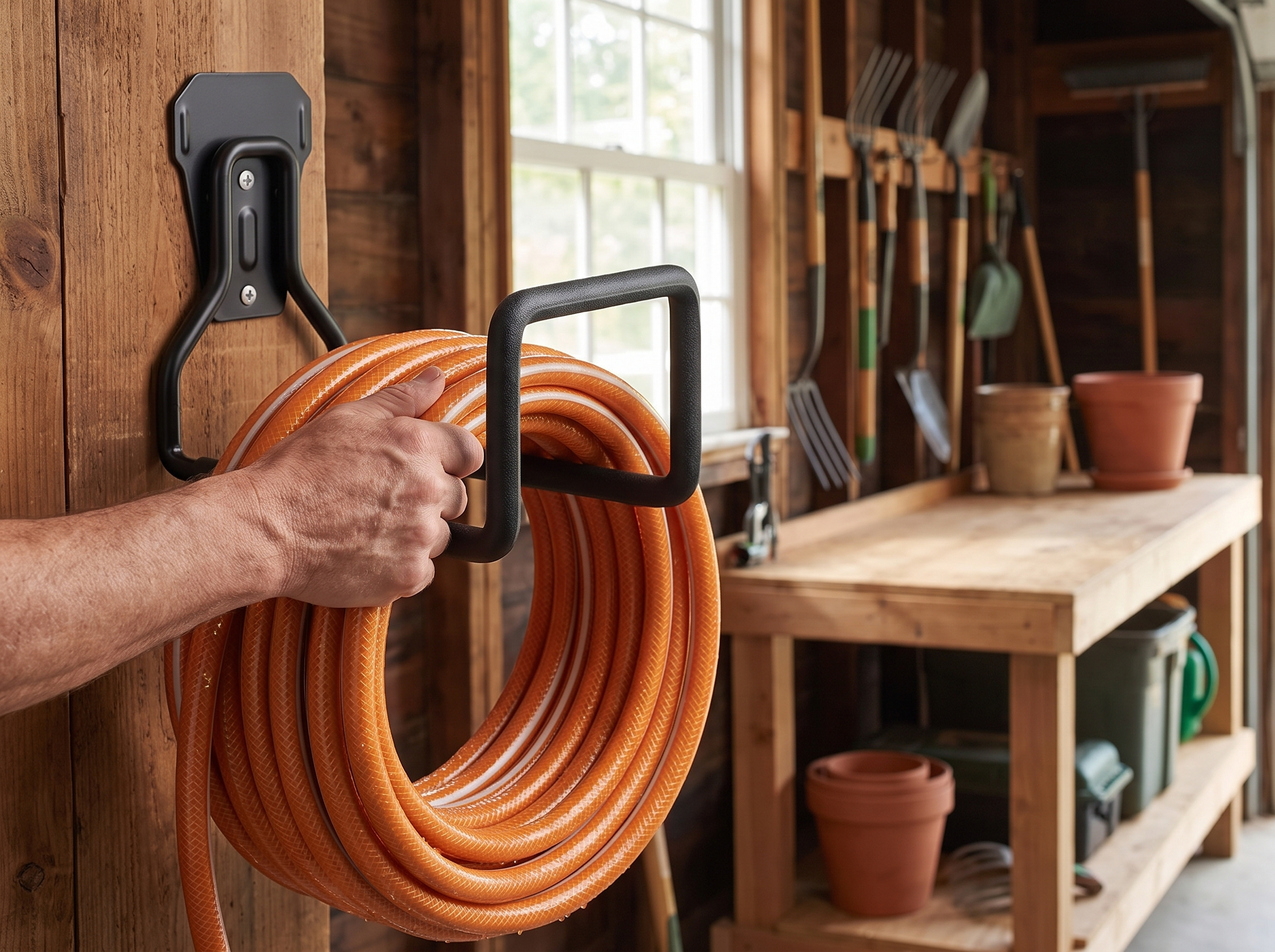 Wall-Mounted Metal Hose Holder for Garden or Garage, Easy Bolt Installation shown in natural everyday use at home