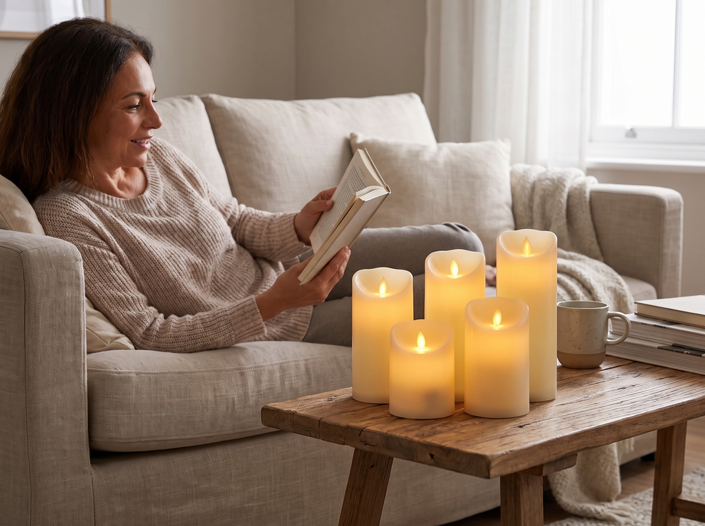 Flickering Flameless LED Pillar Candles for Cozy Home Decor and Safe Ambiance shown in natural everyday use at home