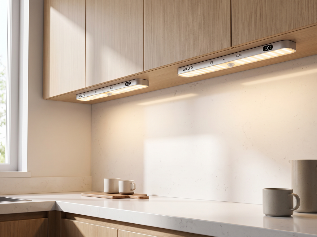 Rechargeable Motion Sensor Cabinet Light Bar with Warm LED and Battery Display in a realistic home setting