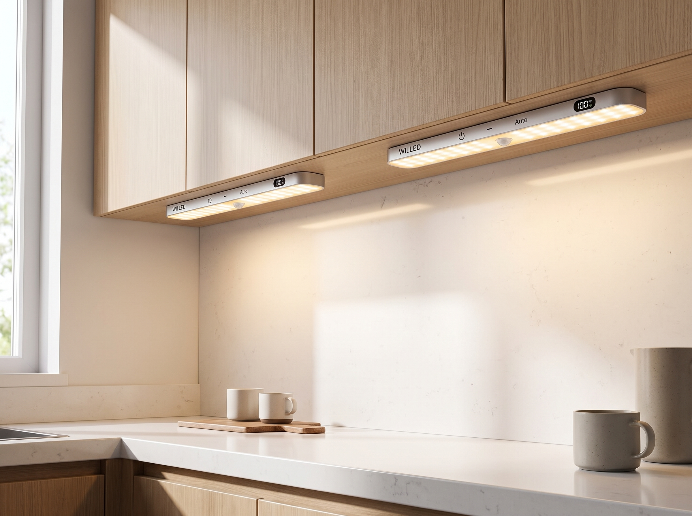 Rechargeable Motion Sensor Cabinet Light Bar with Warm LED and Battery Display in a realistic home setting