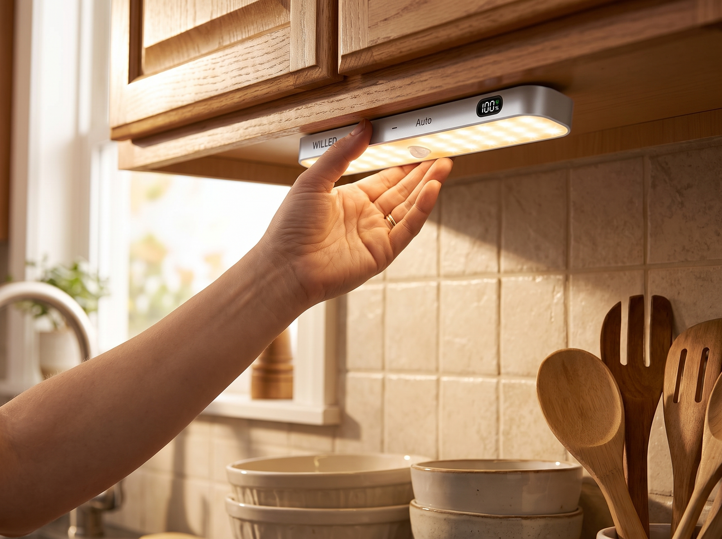 Rechargeable Motion Sensor Cabinet Light Bar with Warm LED and Battery Display shown in natural everyday use at home