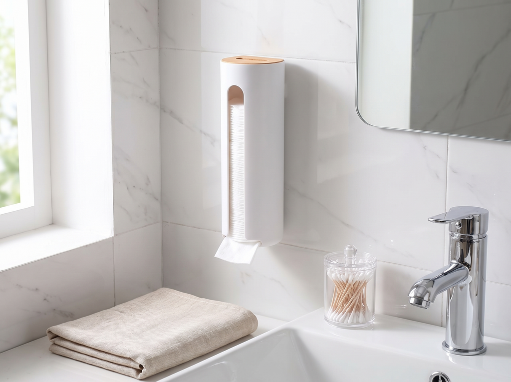 Wall-Mounted Cotton Pad Dispenser with Wood Top for Bathroom or Vanity in a realistic home setting