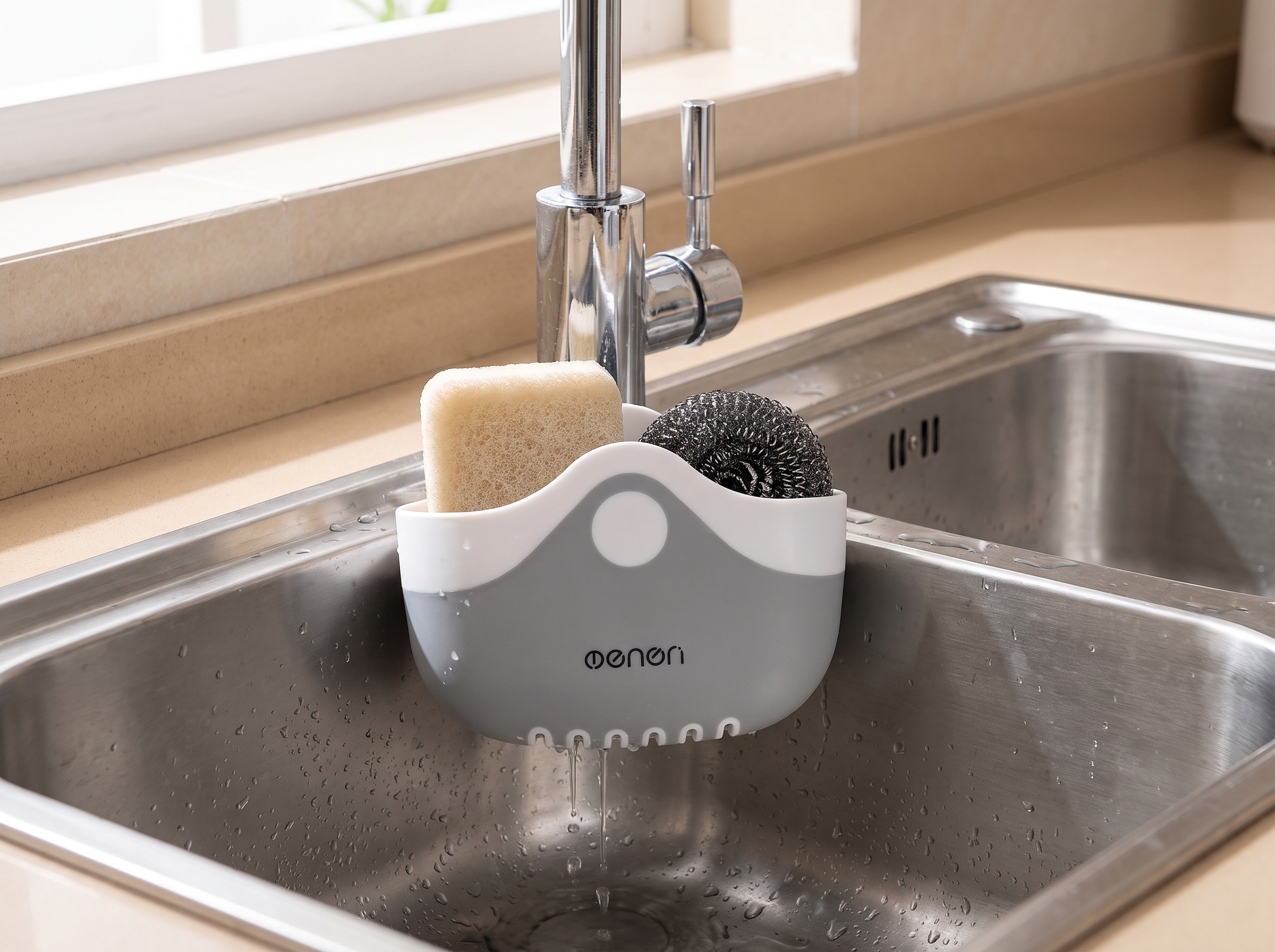 Gray Sink Caddy Basket with Drainage for Sponges and Scrubbers in a realistic home setting