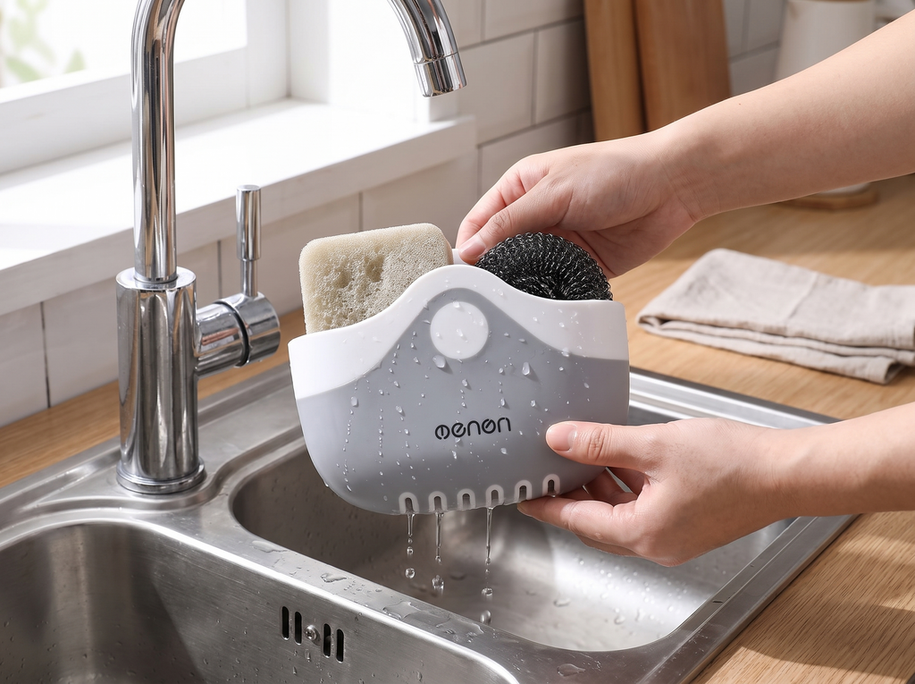 Gray Sink Caddy Basket with Drainage for Sponges and Scrubbers shown in natural everyday use at home