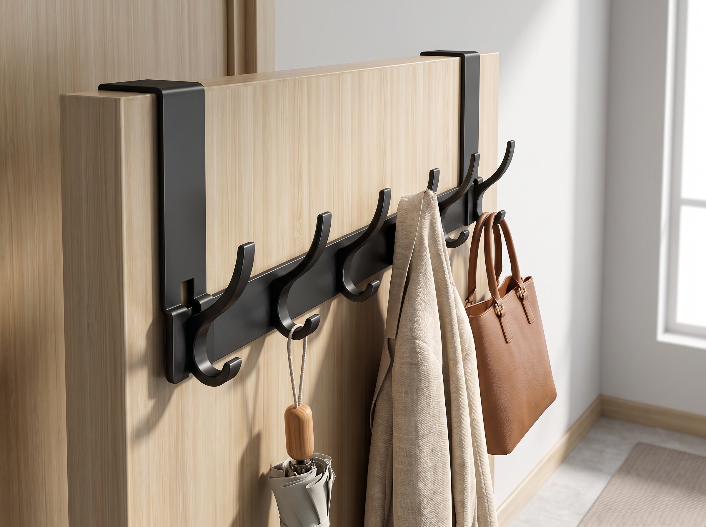 Over-the-Door Metal Hooks Rack for Coats, Bags & Towels – No-Drill Install in a realistic home setting