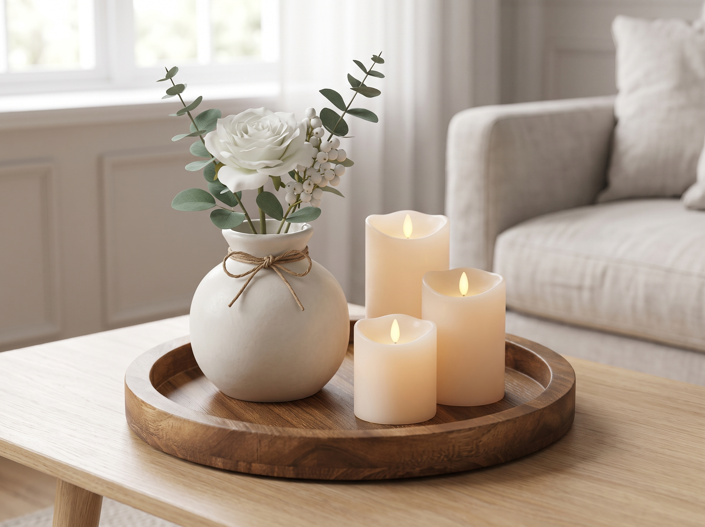 Solid Wood Round Tray for Coffee Table, Candles, or Decorative Centerpieces in a realistic home setting