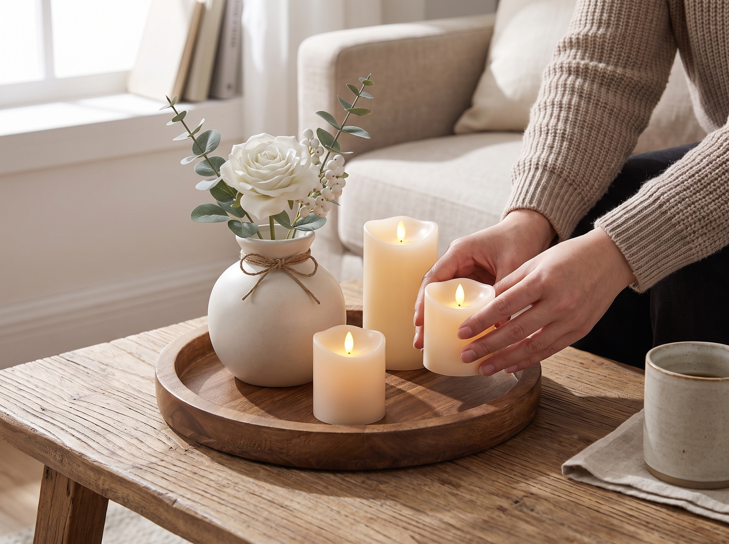 Solid Wood Round Tray for Coffee Table, Candles, or Decorative Centerpieces shown in natural everyday use at home