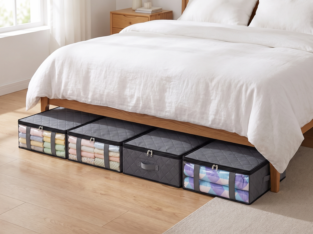 Set of 4 Under Bed Storage Containers with Handles and Clear Window for Bedding, Clothes, or Shoes in a realistic home setting