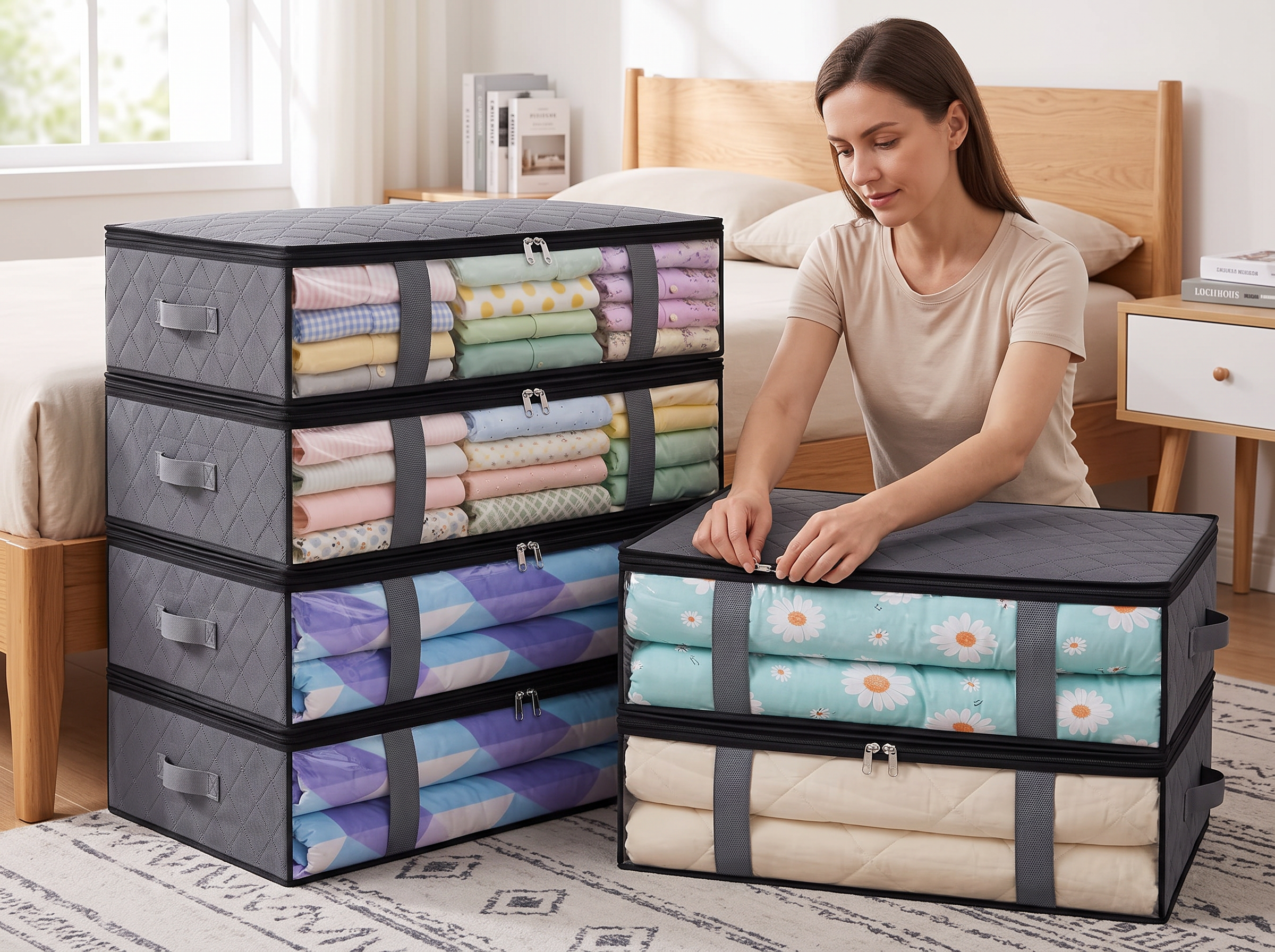 Set of 4 Under Bed Storage Containers with Handles and Clear Window for Bedding, Clothes, or Shoes shown in natural everyday use at home
