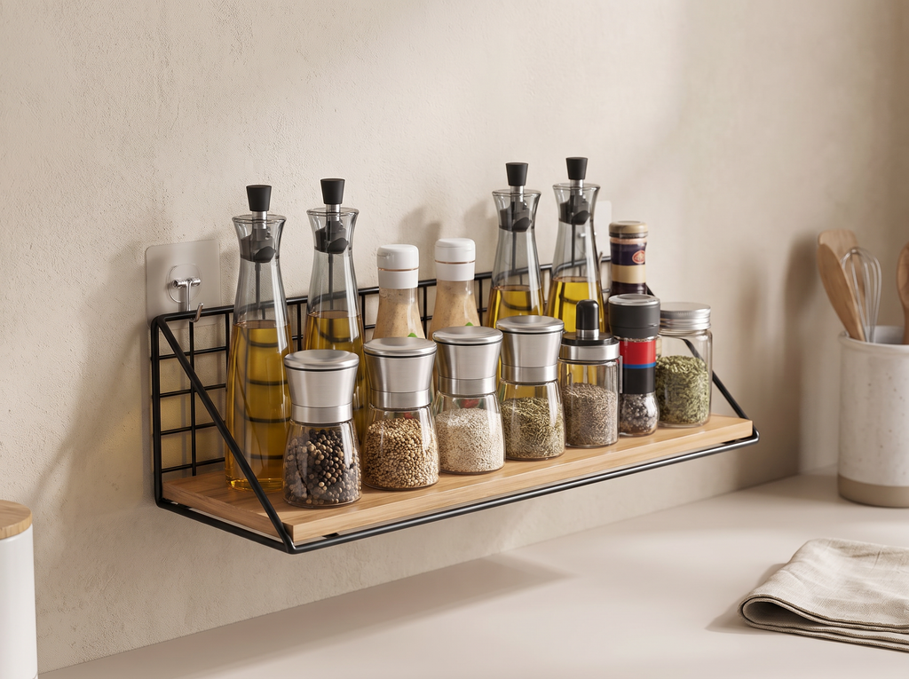 Wall-Mounted Metal and Wood Spice Rack Shelf for Kitchen or Bathroom Organization in a realistic home setting