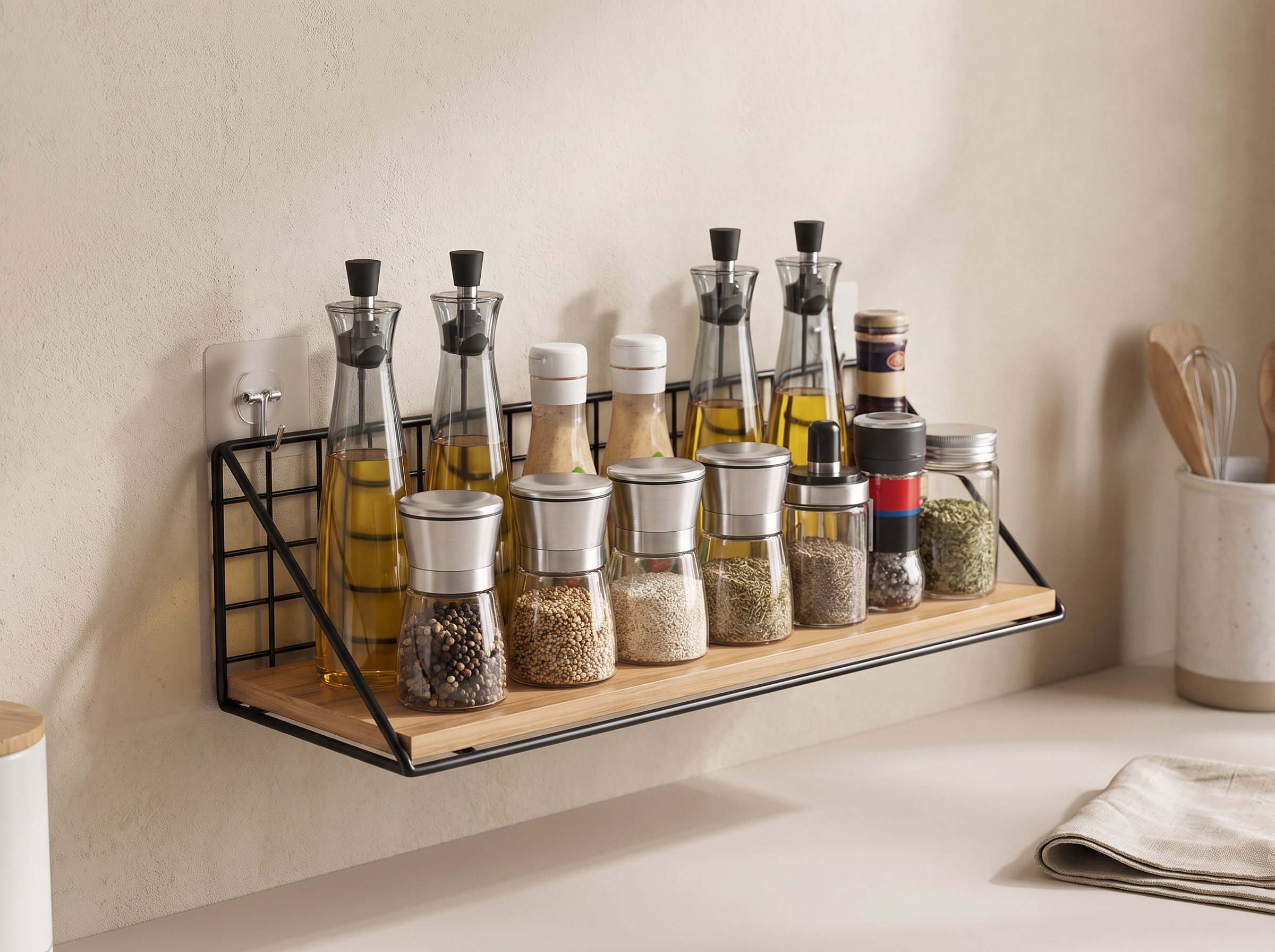 Wall-Mounted Metal and Wood Spice Rack Shelf for Kitchen or Bathroom Organization in a realistic home setting