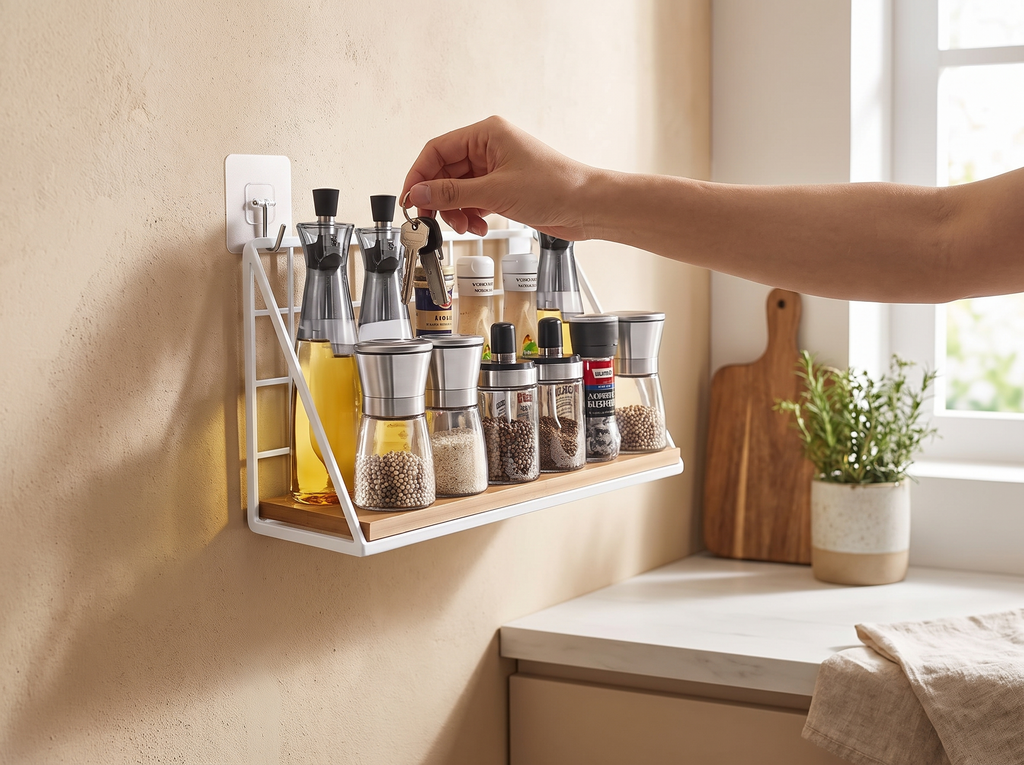 Wall-Mounted Metal and Wood Spice Rack Shelf for Kitchen or Bathroom Organization shown in natural everyday use at home