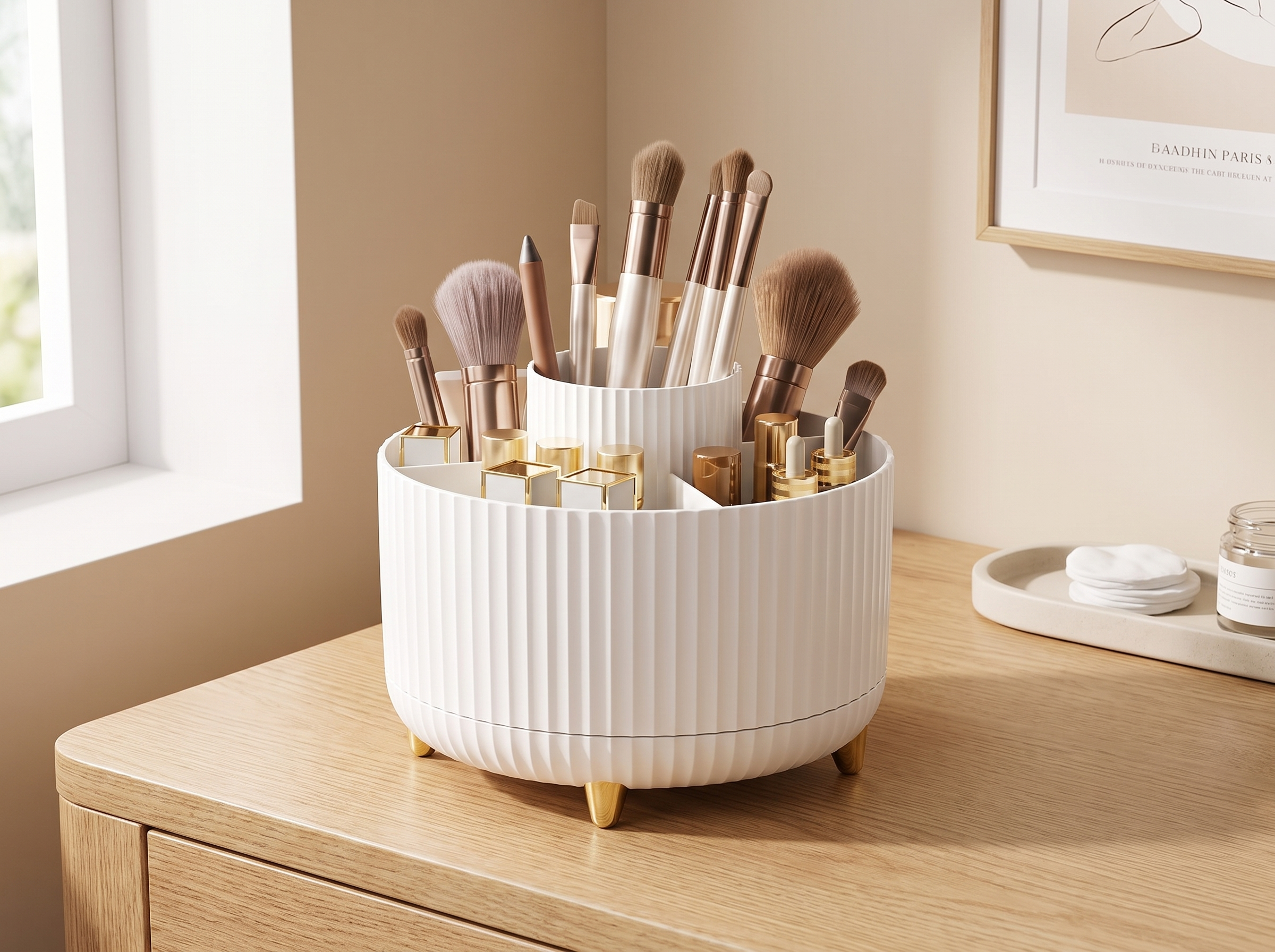 360° Rotating Makeup Brush and Cosmetic Organizer for Vanity or Desk in a realistic home setting