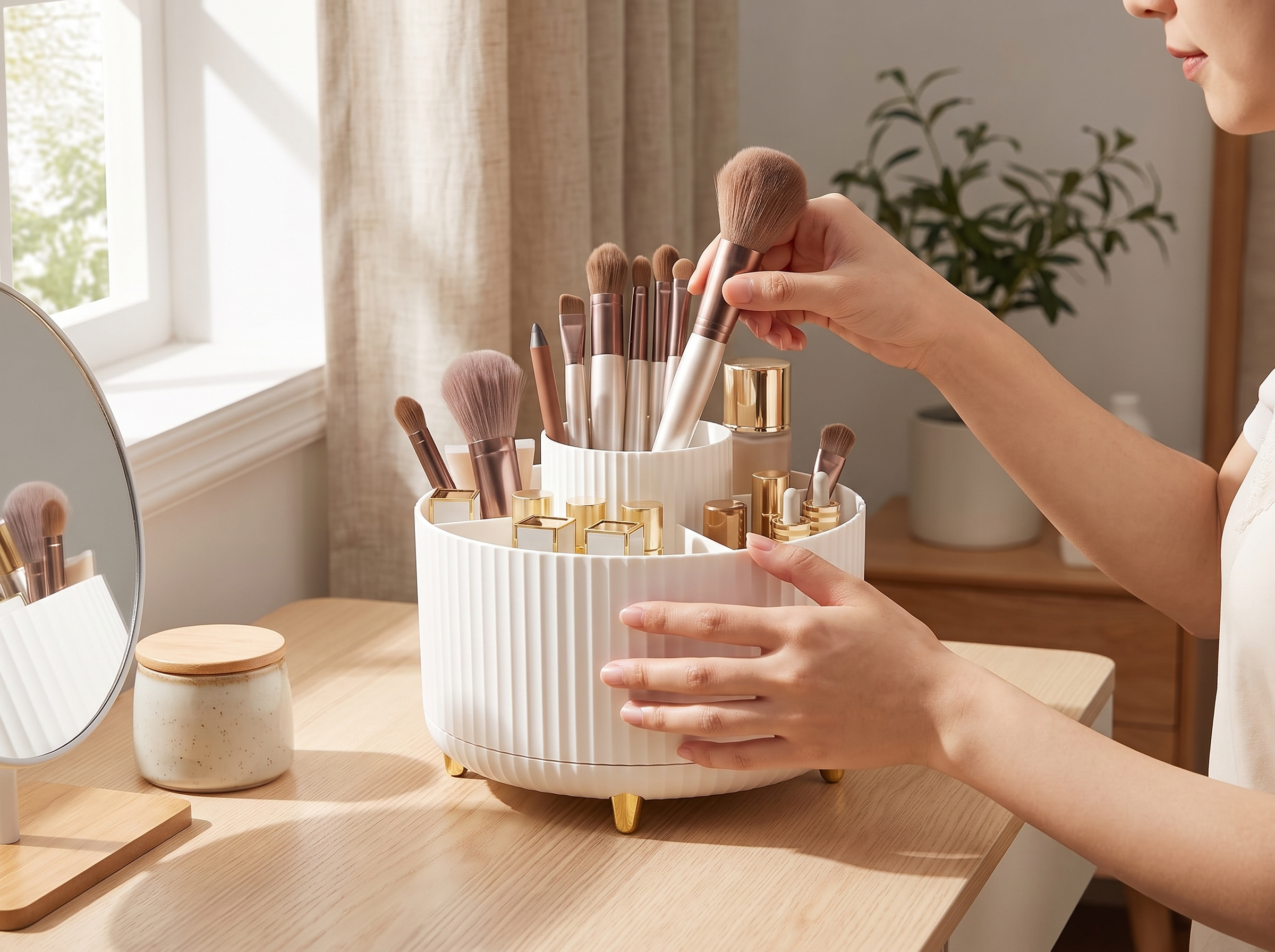 360° Rotating Makeup Brush and Cosmetic Organizer for Vanity or Desk shown in natural everyday use at home