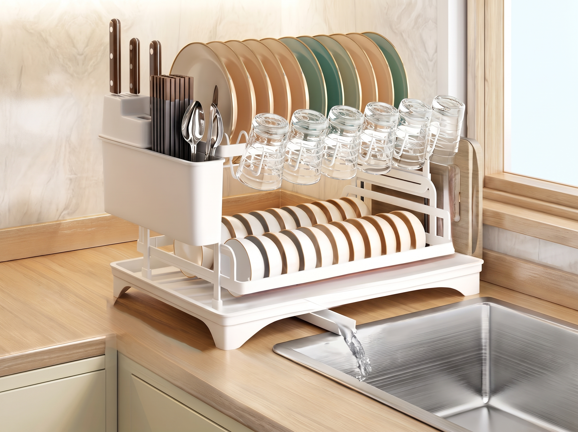 2-Tier Dish Drying Rack with Drainboard for Kitchen Counter, Large Capacity in a realistic home setting