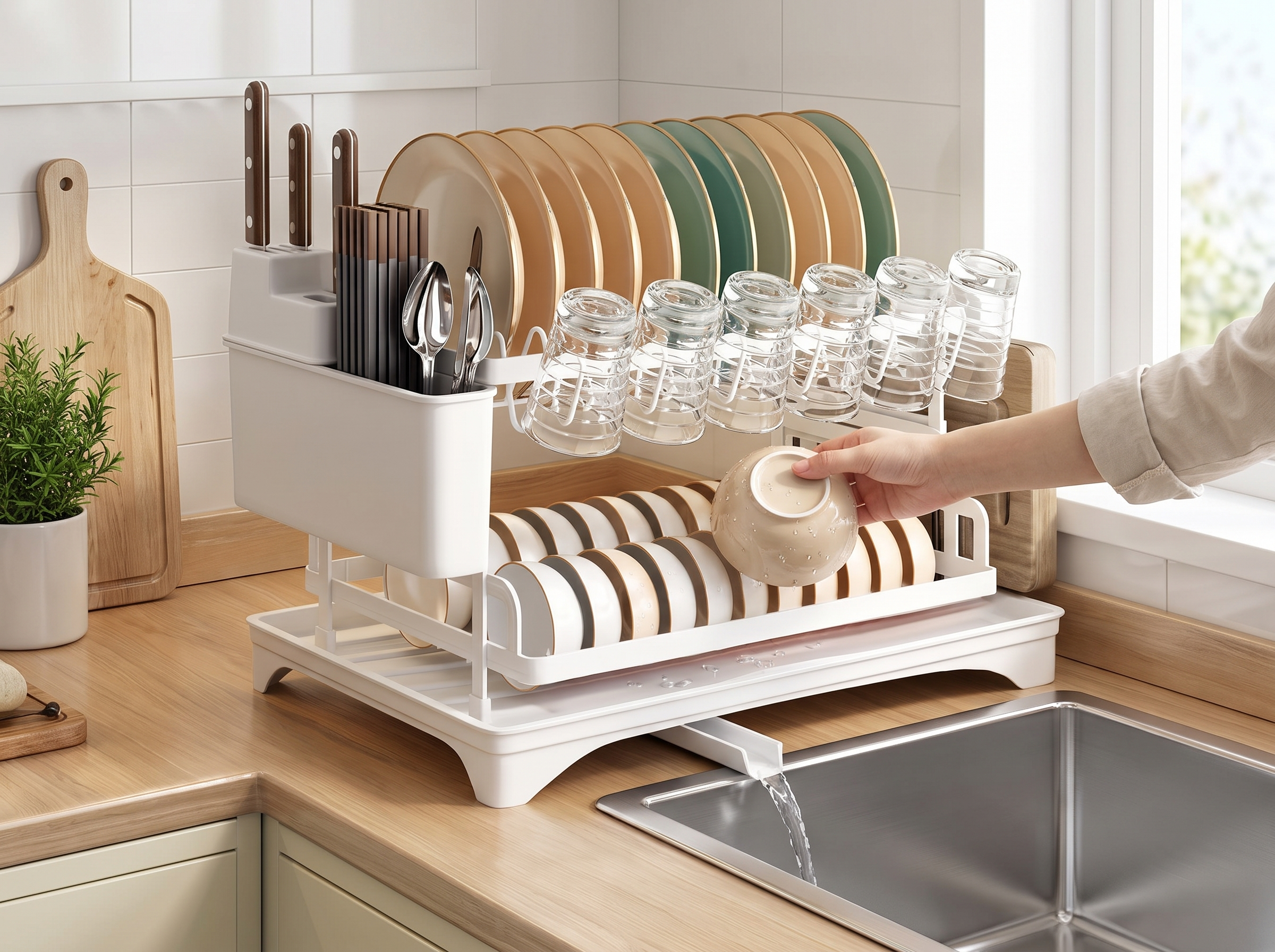 2-Tier Dish Drying Rack with Drainboard for Kitchen Counter, Large Capacity shown in natural everyday use at home