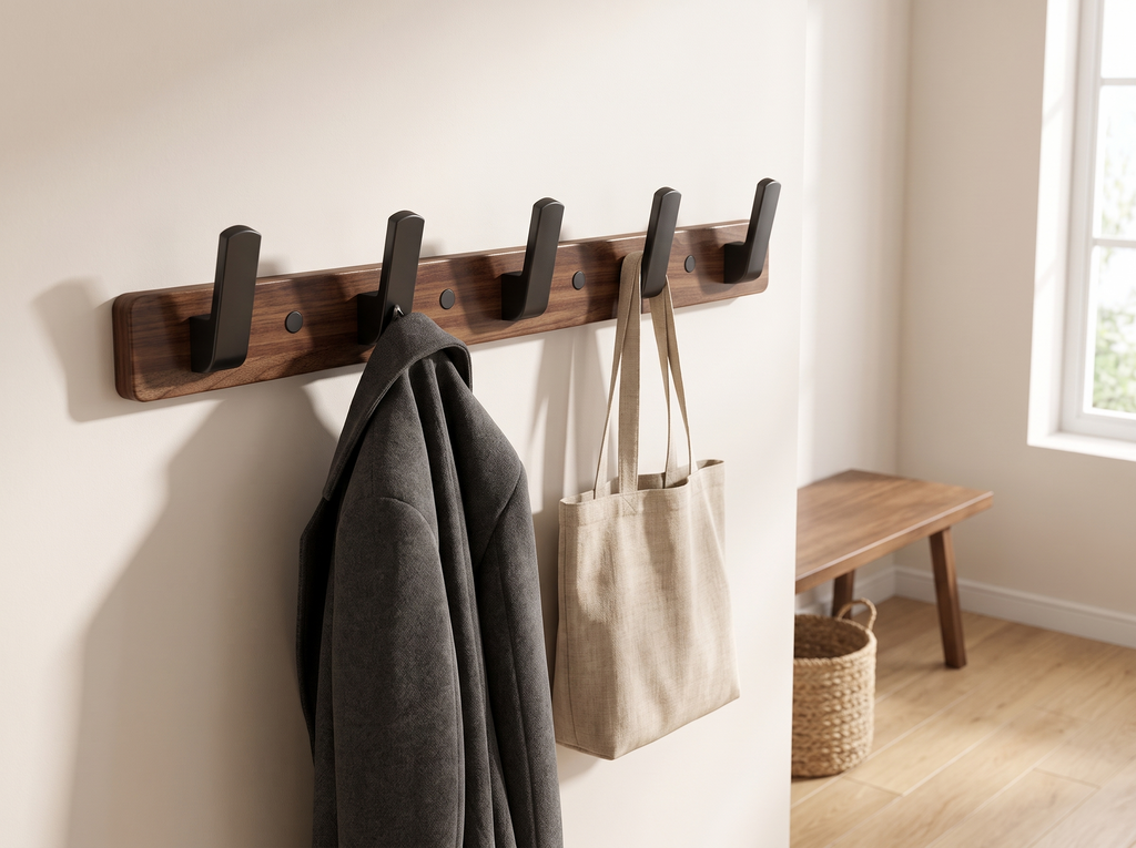 Modern Wall-Mounted Wood and Metal Coat Rack with Hooks for Entryway or Bedroom in a realistic home setting