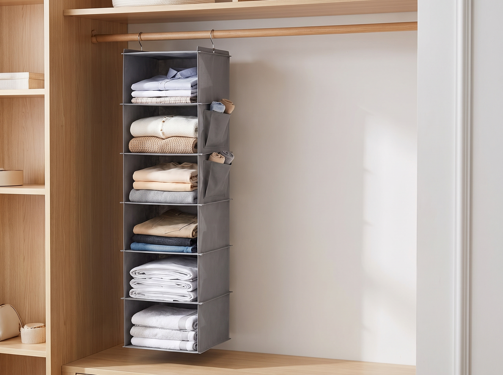 Foldable 6-Shelf Hanging Closet Organizer in Light Grey with Side Pockets in a realistic home setting
