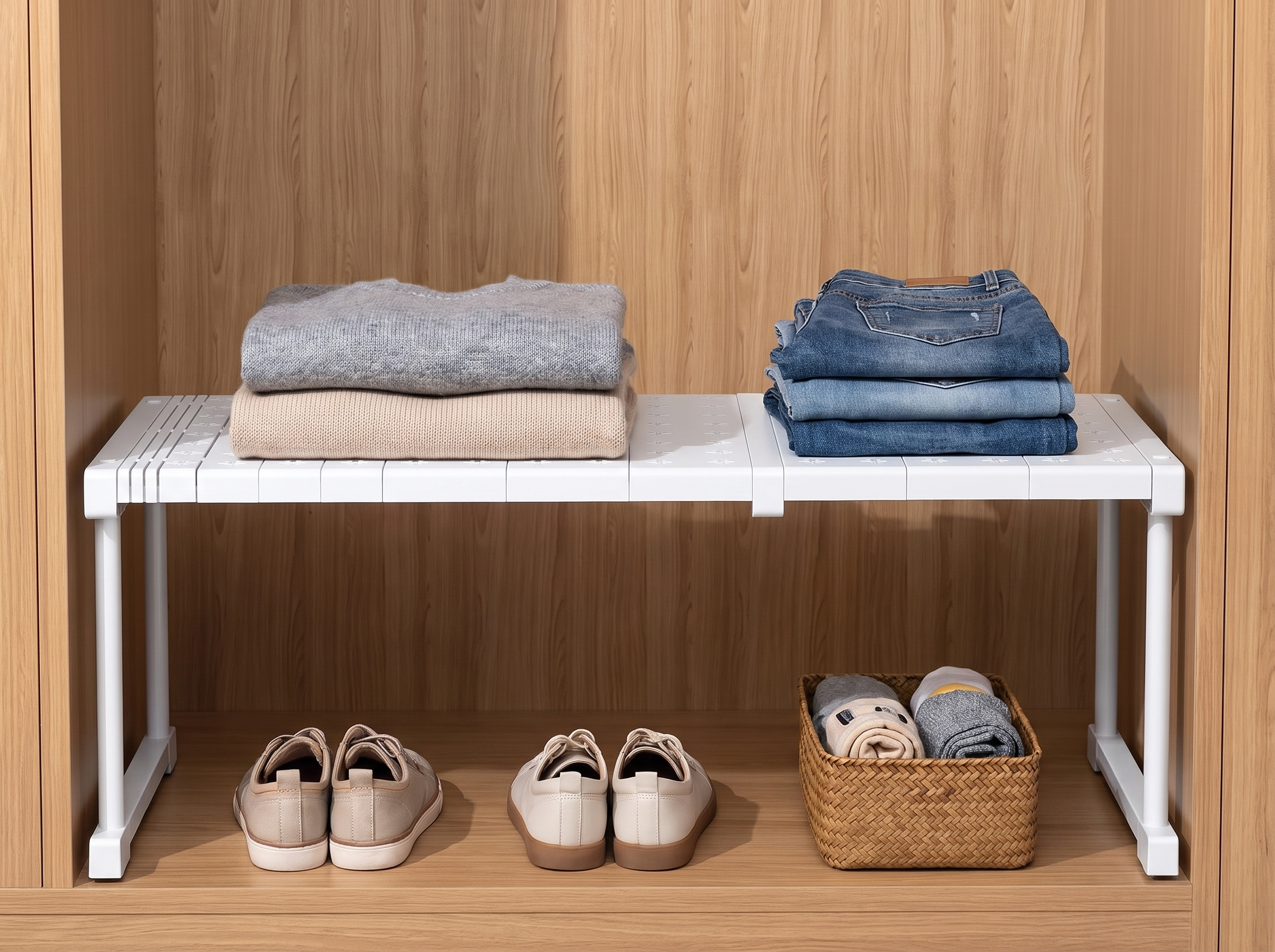 Adjustable Stackable Closet Shelf Divider for Clothing, Shoes, or Pantry Storage in a realistic home setting