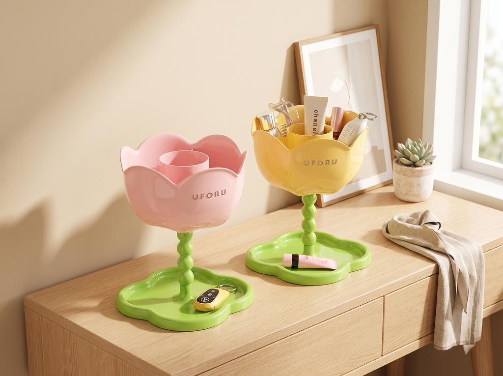 Flower-Shaped Entryway Organizer Stand with Key and Small Item Tray, Pastel Colors in a realistic home setting